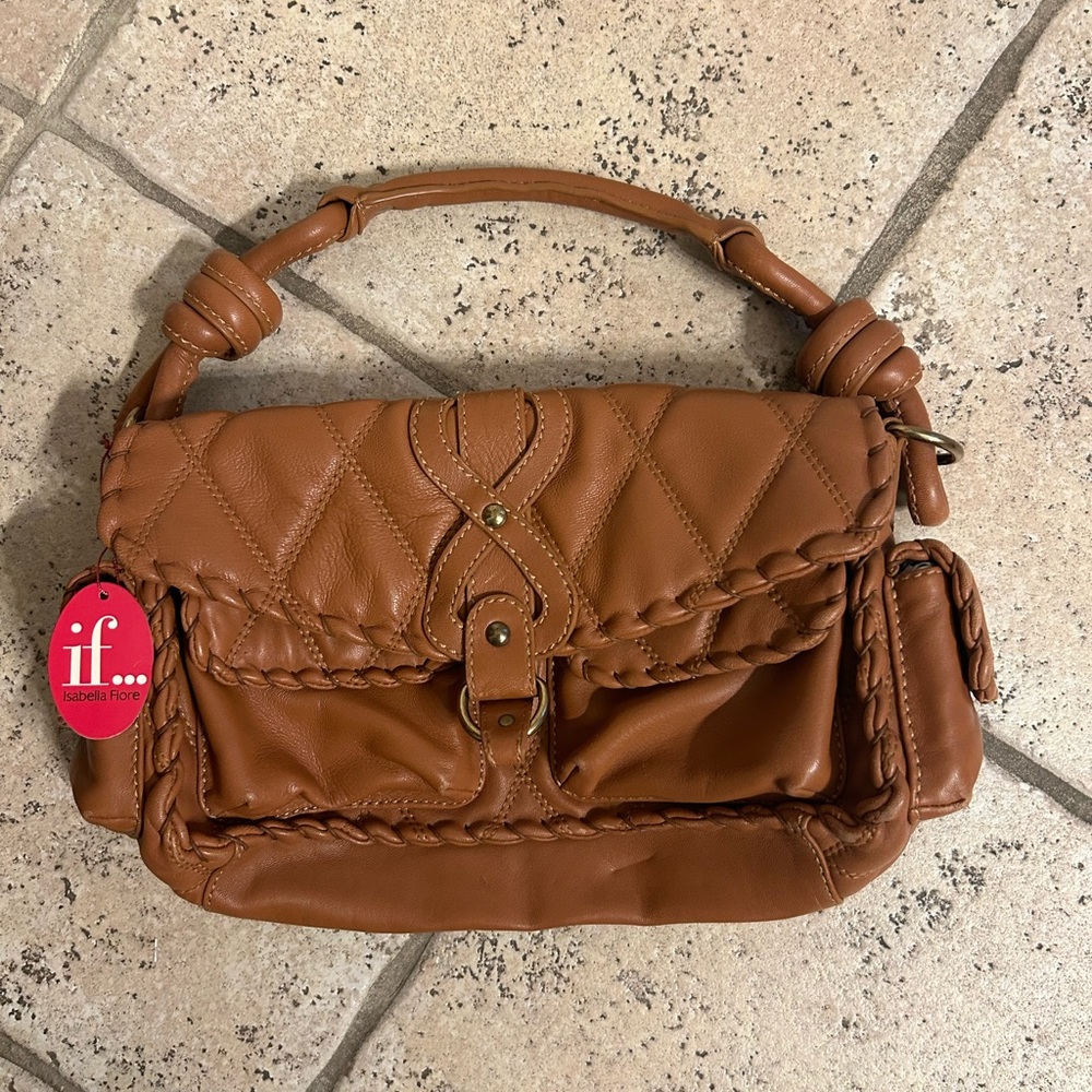 Isabella Fiore Cognac Quilted Braided Leather Shoulder Bag